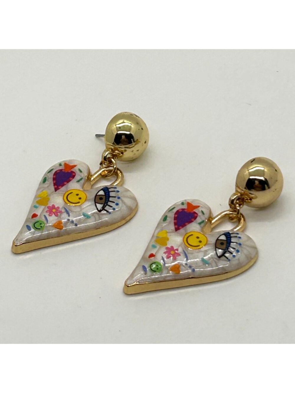 Gold Tone Statement Dangle Earrings Heart Graffiti Smiley Face Eye Enamel Drop
